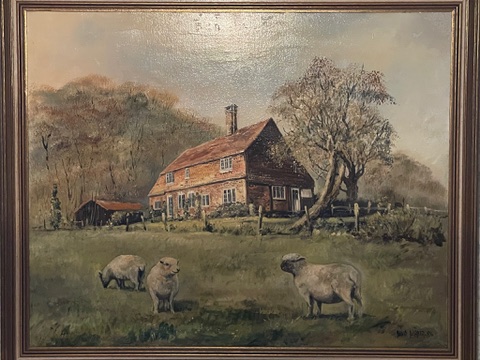 Oil painting of Lodge Farm from a bygone era, showing the farmhouse with sheep grazing