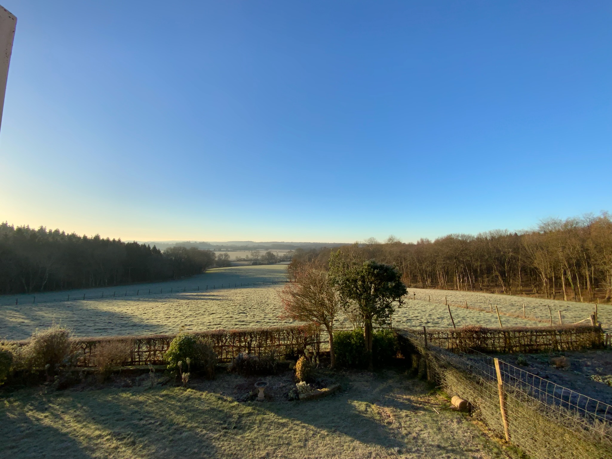 Panoramic view of the West Sussex countryside from Lodge Farm at sunrise