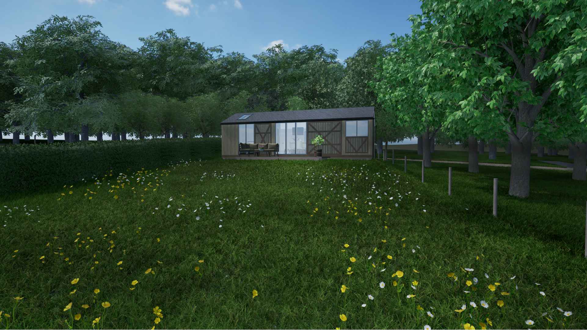 Artist's impression of The Meadow Lodge nestled in the countryside with wildflower meadow