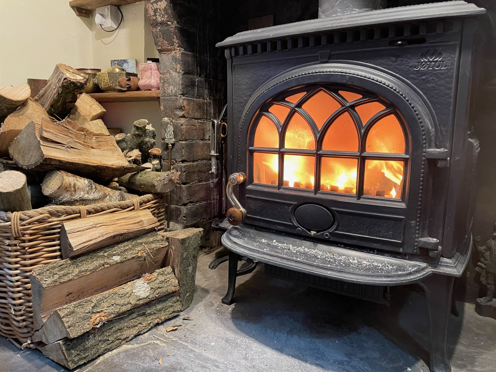 A crackling wood-burning stove for cosy winter evenings